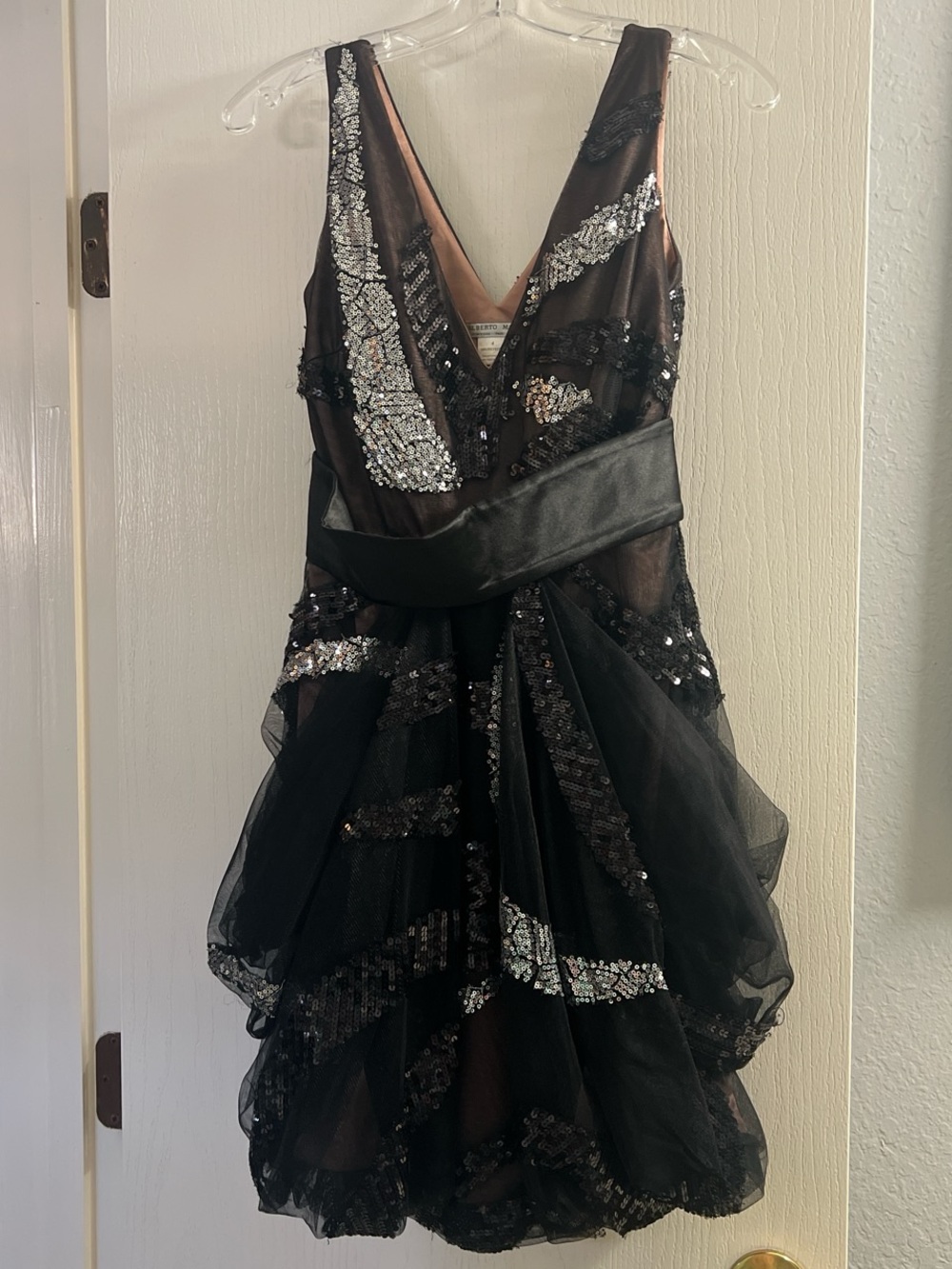 Alberto Makali Black Sequin Evening Dress with Satin Lining
